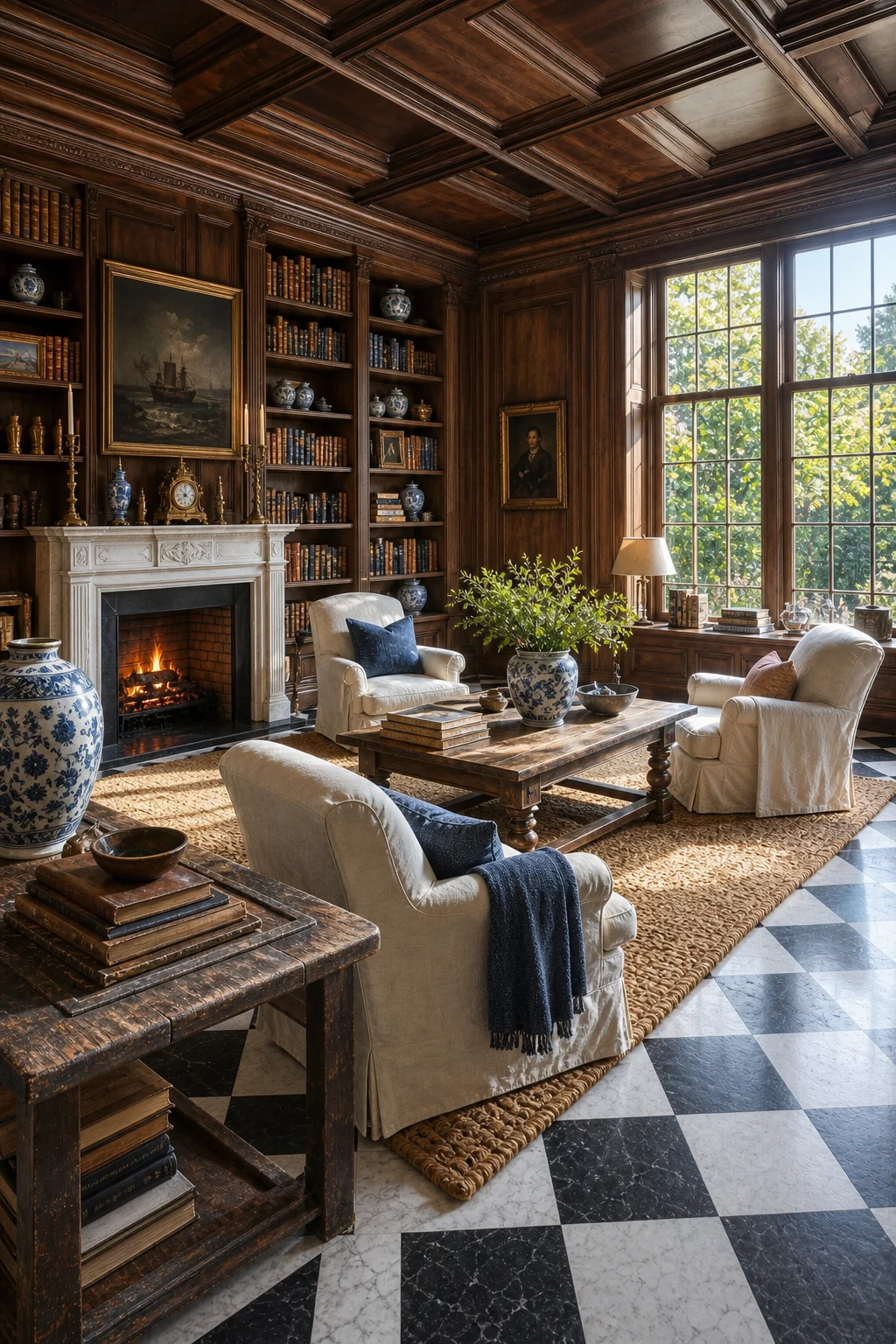 Full room view showing dark oak bookshelves, a marble floor, a heavy table, and white linen armchairs.