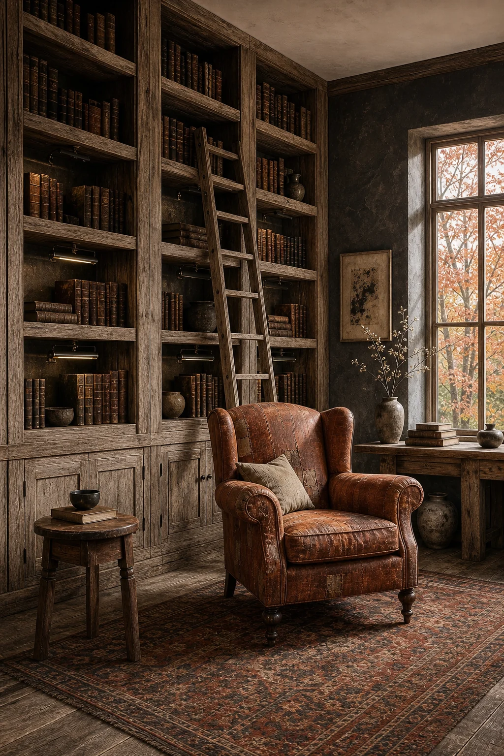 Low-angle view of floor-to-ceiling Edwardian library bookcases built entirely from raw, unvarnished cedar wood.