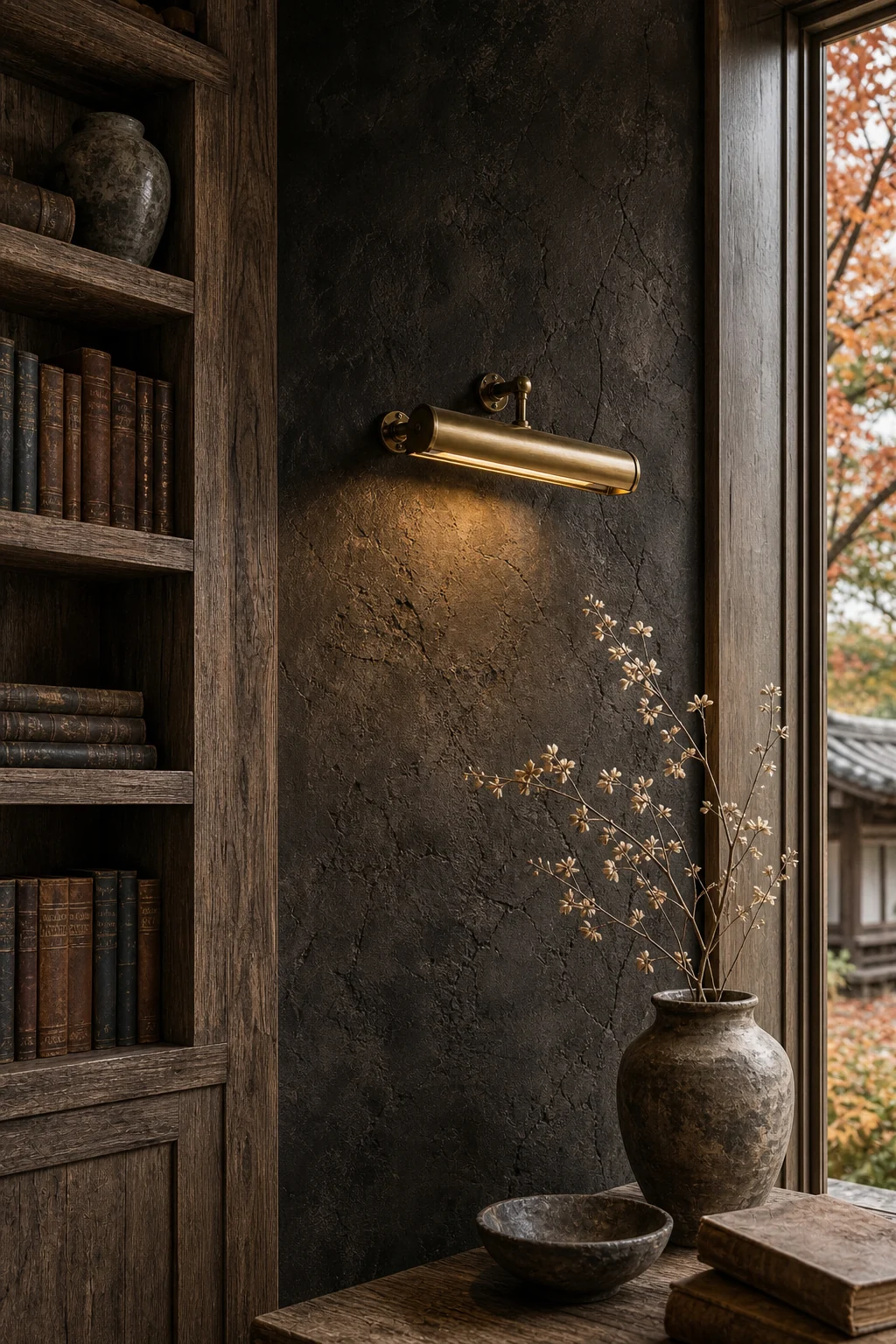 Close-up of a hand-troweled earthen charcoal plaster wall illuminated by a tarnished brass Edwardian picture light.