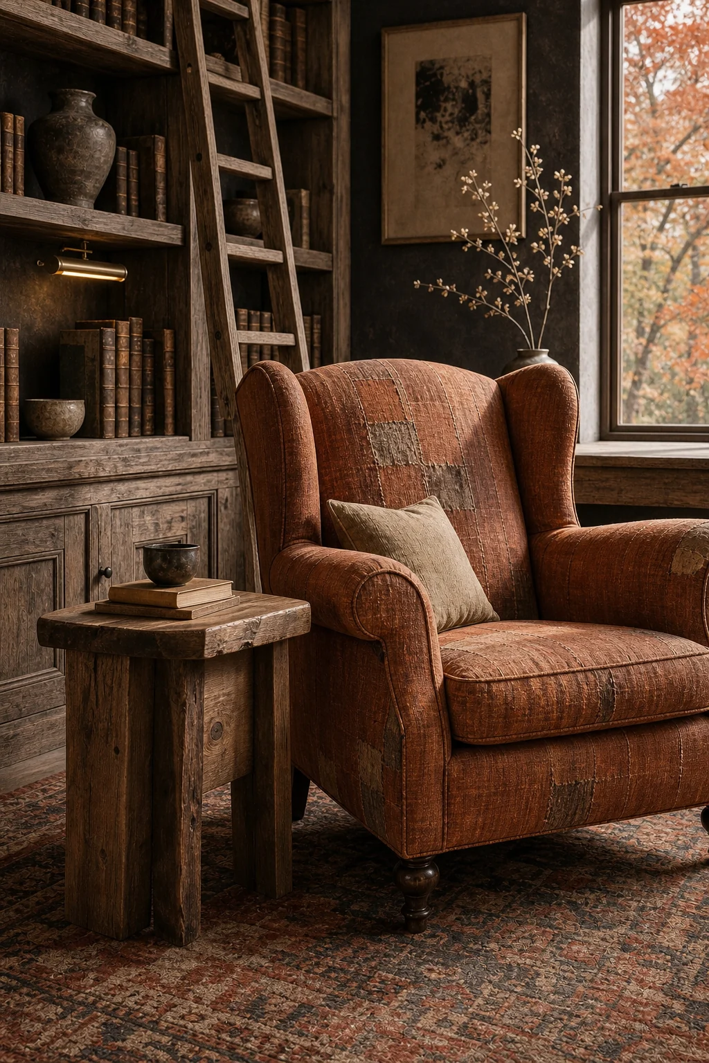 A classic Edwardian wingback club chair upholstered in faded, patched russet linen next to a raw wood table.