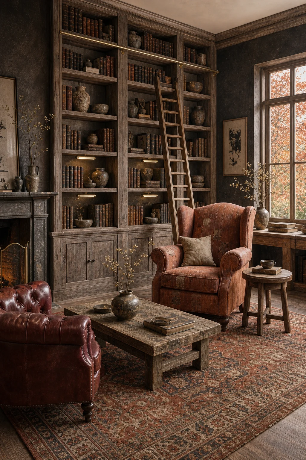 Wide vignette of a library featuring a linen wingback chair, raw cedar shelves, and earthen plaster walls.