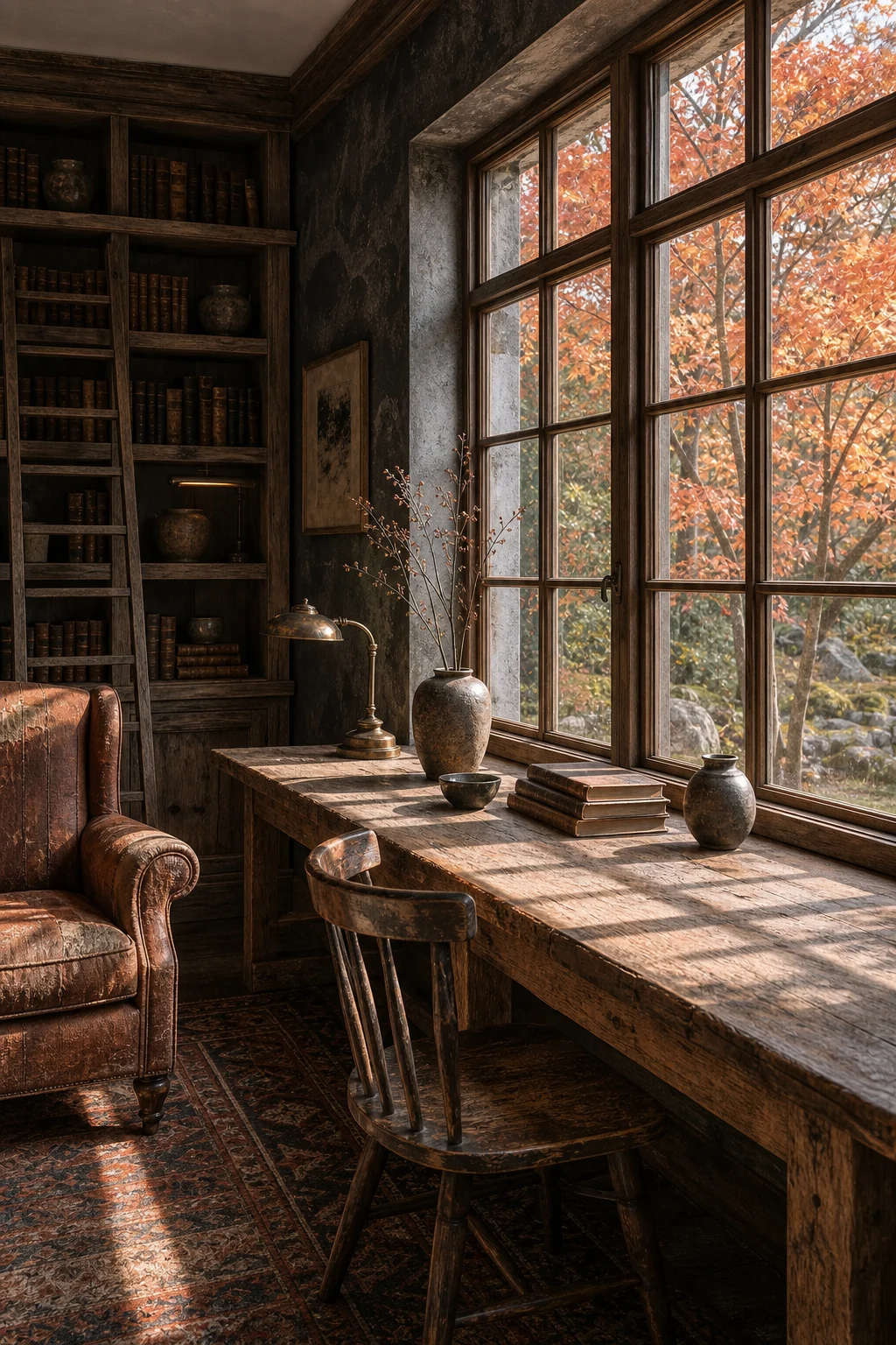 Large mullioned window with vibrant autumn maple leaves outside, casting soft light onto a raw cedar desk.