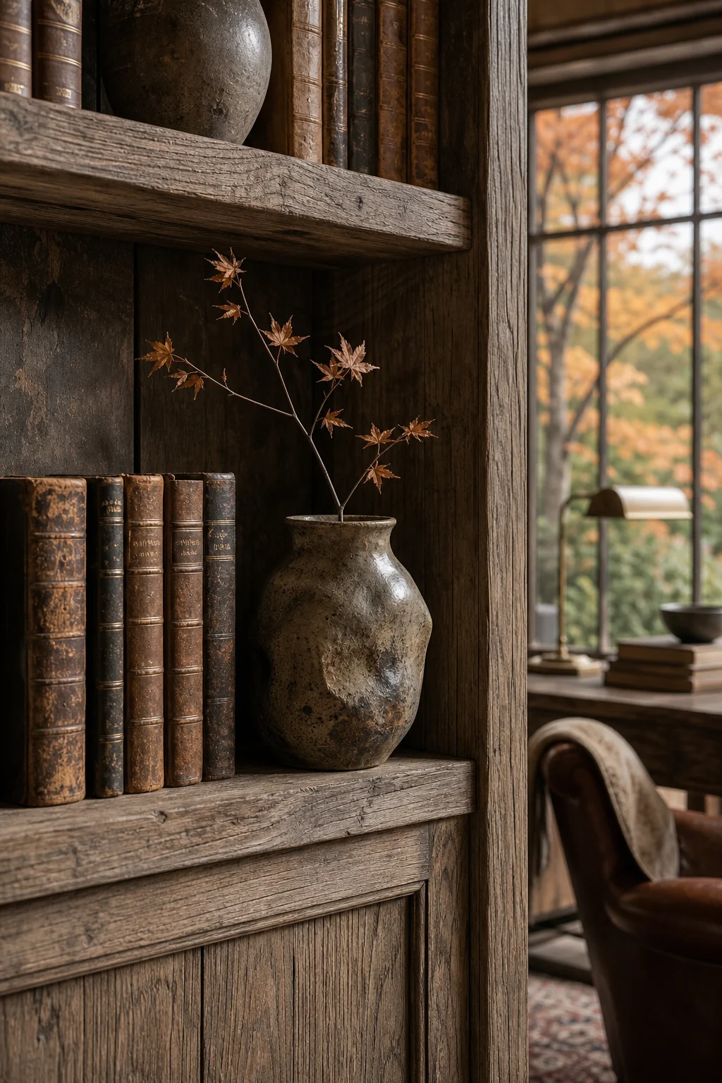 Detail of a raw cedar shelf holding antique leather-bound books and a rough-hewn Wabi Sabi ceramic bowl.