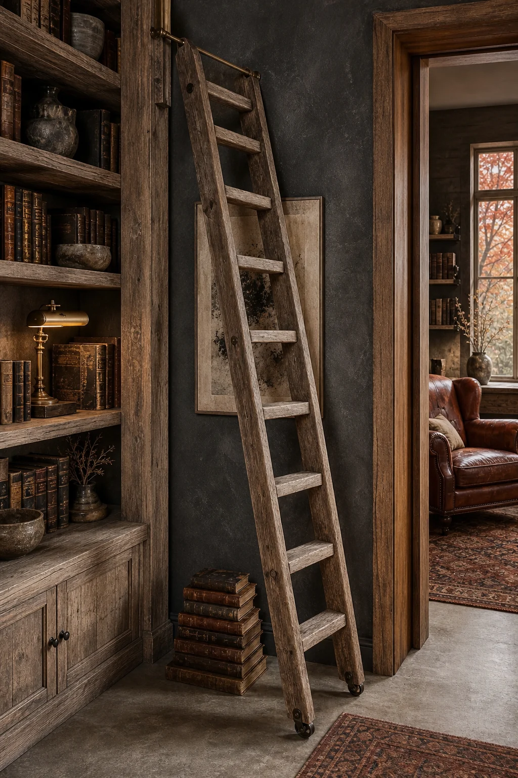 High-angle view of a rolling cedar library ladder resting against a charcoal plaster wall.