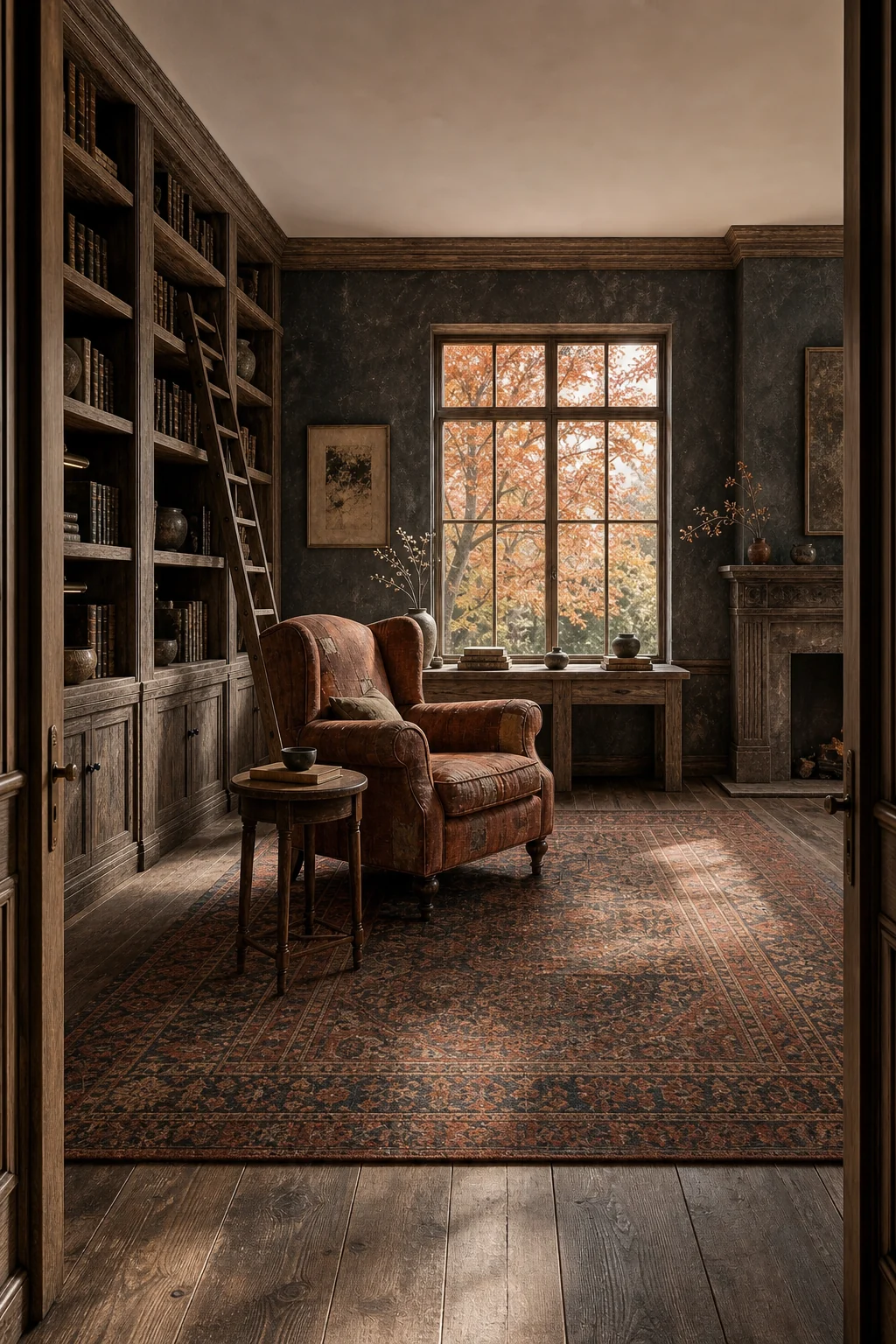 Expansive full-room view of the library, showing raw cedar shelves, linen seating, and earthen walls harmonizing.