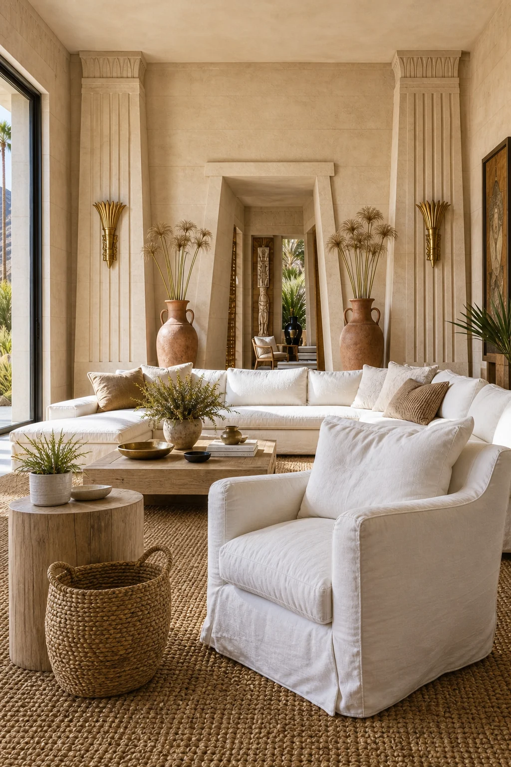 A wide architectural shot of a living room featuring a pylon-tapered doorway, fluted limestone walls, and a slouchy linen accent chair in the foreground.