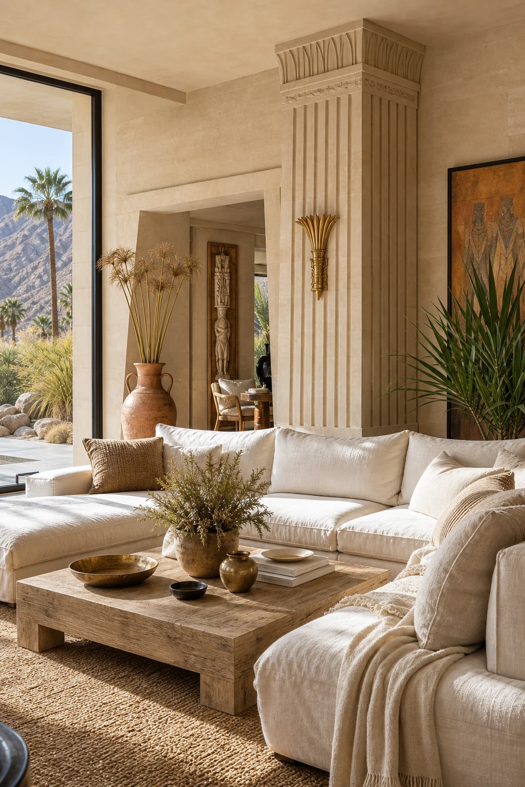 Close-up of a low-slung washed white linen sectional and raw bleached oak coffee table, with a monumental limestone column in the background.