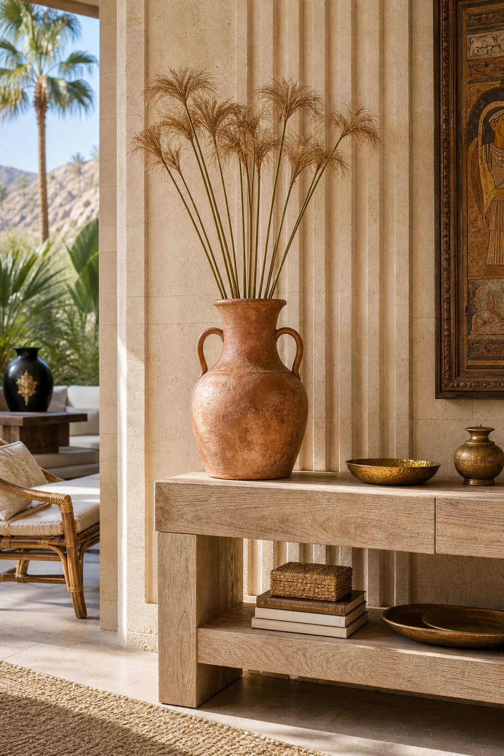 Detail shot of a bleached terracotta vessel holding dried papyrus on a raw oak console, set against a fluted limestone wall.