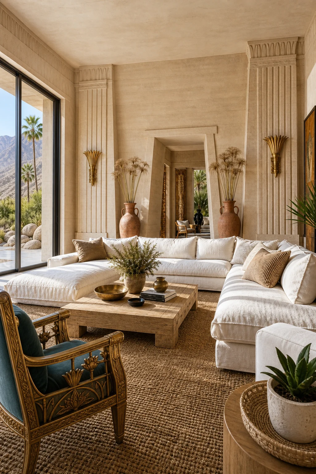 Medium shot of the main seating area showing the linen sectional, jute rug, oak table, and brass lotus sconces on the stone walls.