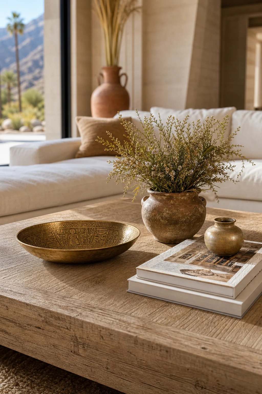 Close-up of raw oak coffee table styling with a brass bowl, stacked books, and a small terracotta pot, with a linen sofa blurred behind.