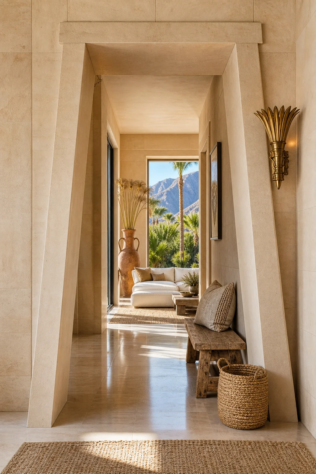 A view down a hallway framed by a pylon-tapered doorway, featuring a simple raw oak bench and a textured seagrass basket under a brass sconce.