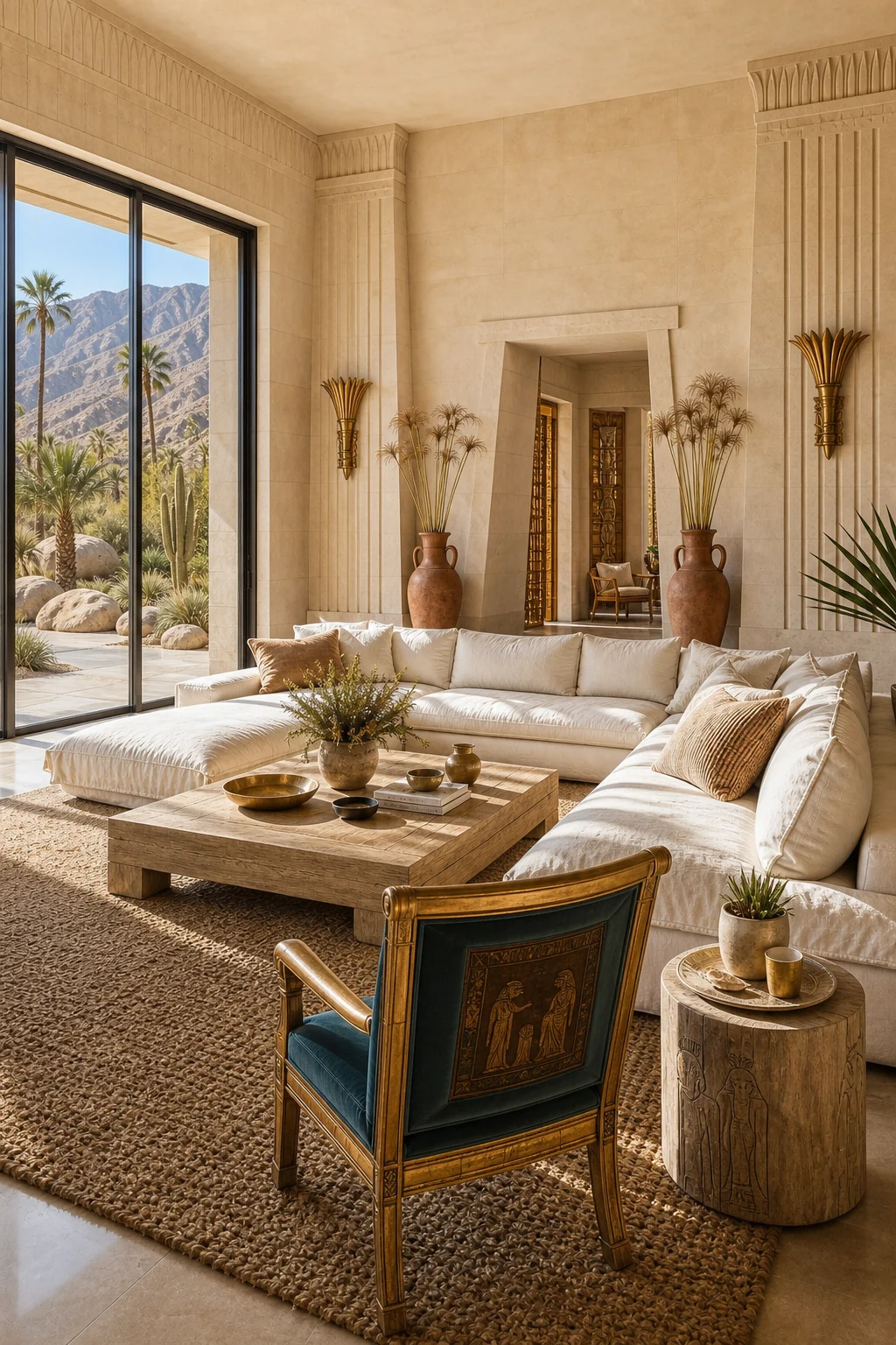 A generous, wide room view looking from the windows inward, showing the balanced integration of monumental stone and slouchy linen.