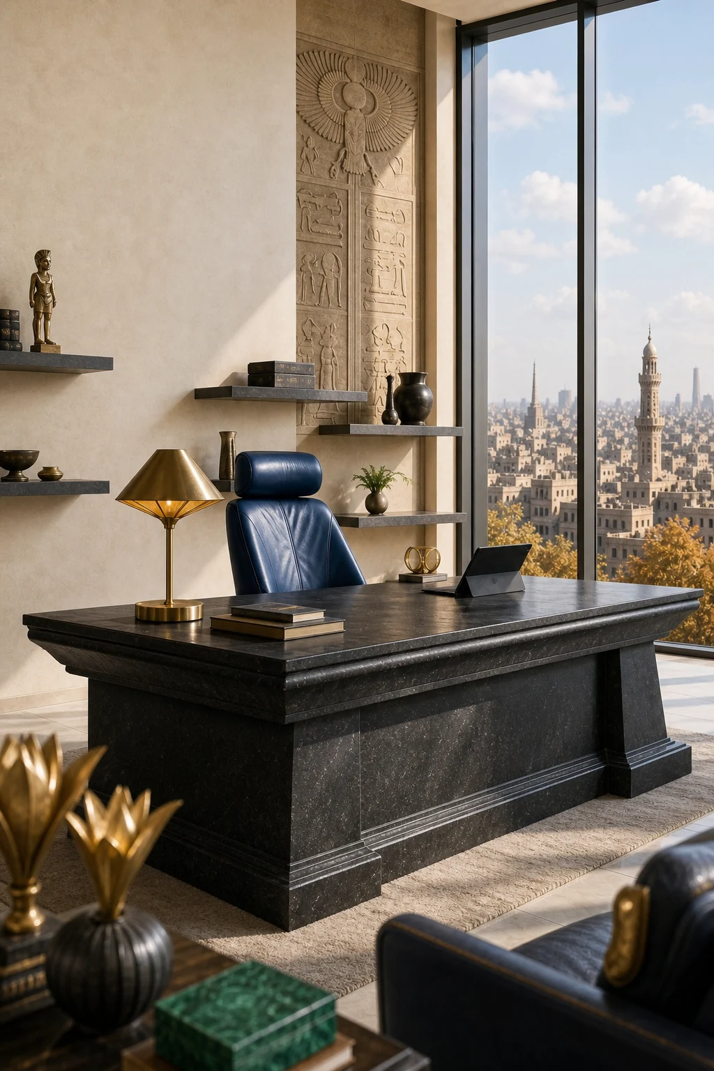 Medium shot of a heavy black basalt desk with a cavetto edge against floor-to-ceiling glass windows.