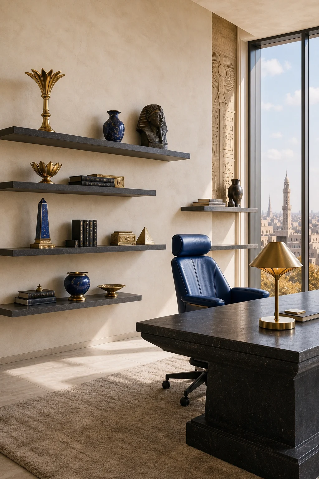 Wide shot of minimalist floating wall shelving holding lapis and brass geometric objects.