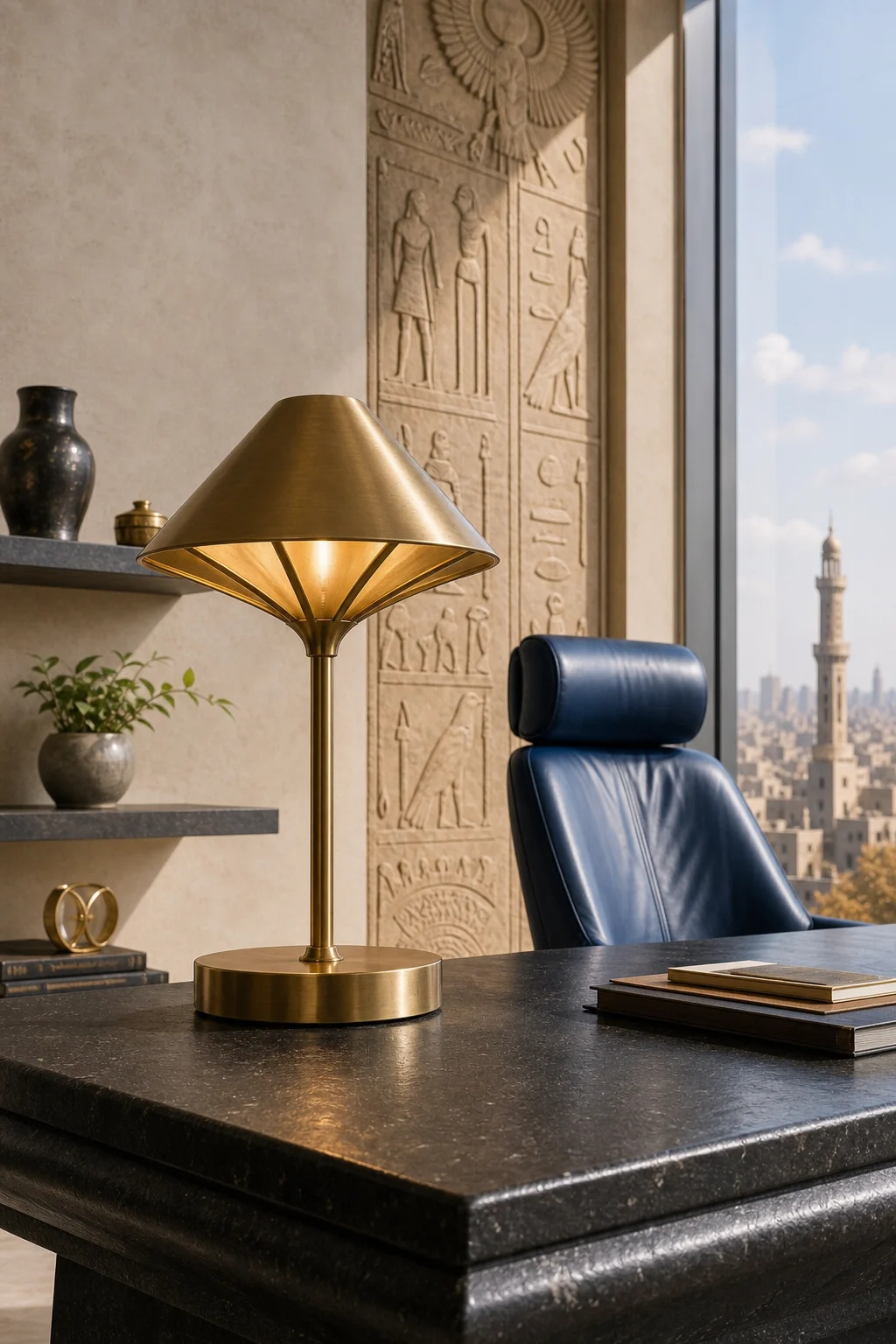 Detail shot of a matte brushed brass lotus-cone lamp on a honed black basalt desk.