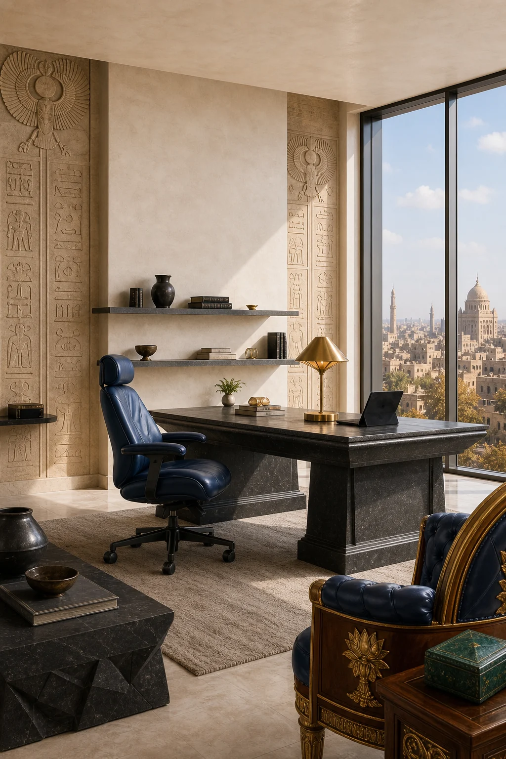 Medium vignette of a lapis lazuli blue ergonomic swivel chair tucked under a massive basalt desk.