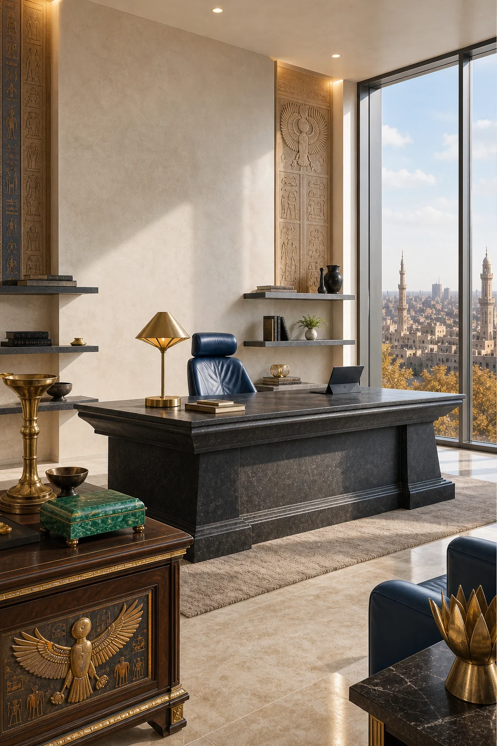 Architectural view showing floor-to-ceiling glass meeting a warm alabaster plaster wall with a travertine floor.
