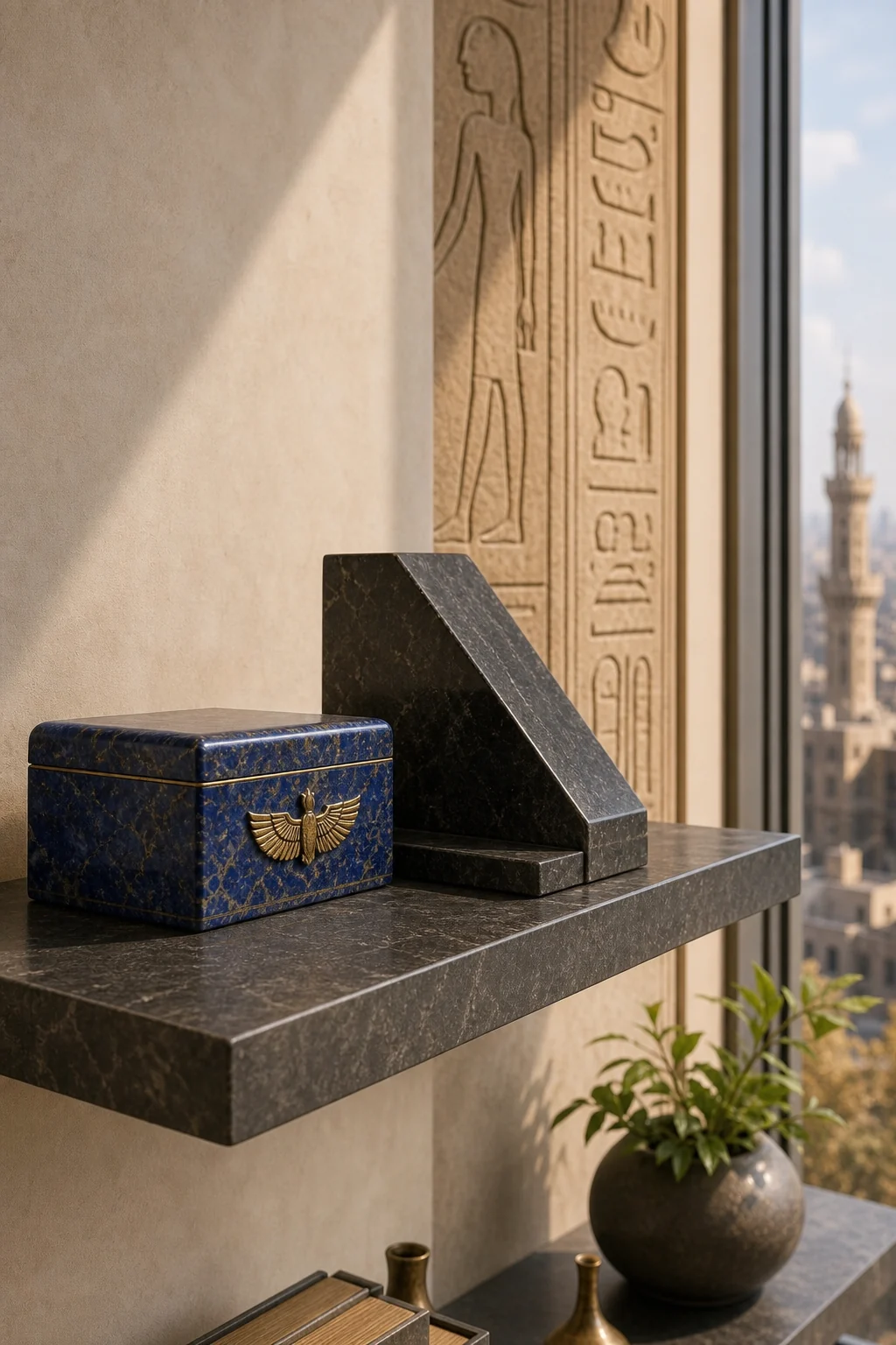 Close-up detail of a floating shelf displaying a lapis lazuli box and a geometric brass bookend.