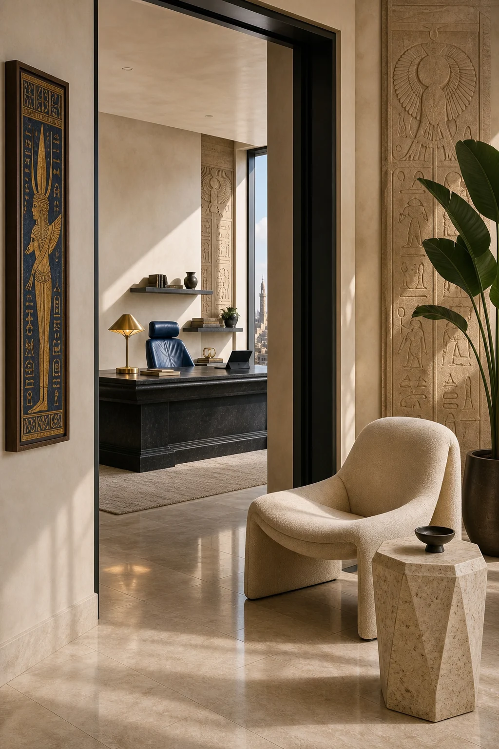 Secondary vignette showing a sleek contemporary lounge chair next to a monumental stone side table.