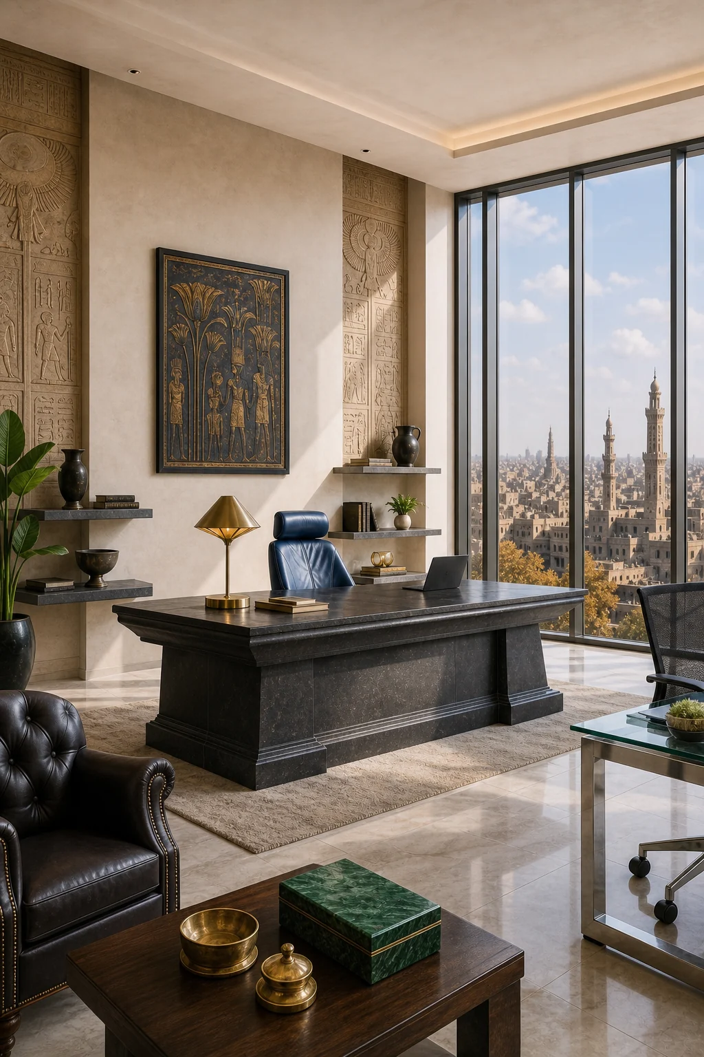 Wide shot of the entire office showing the balanced integration of the heavy desk and light shell.
