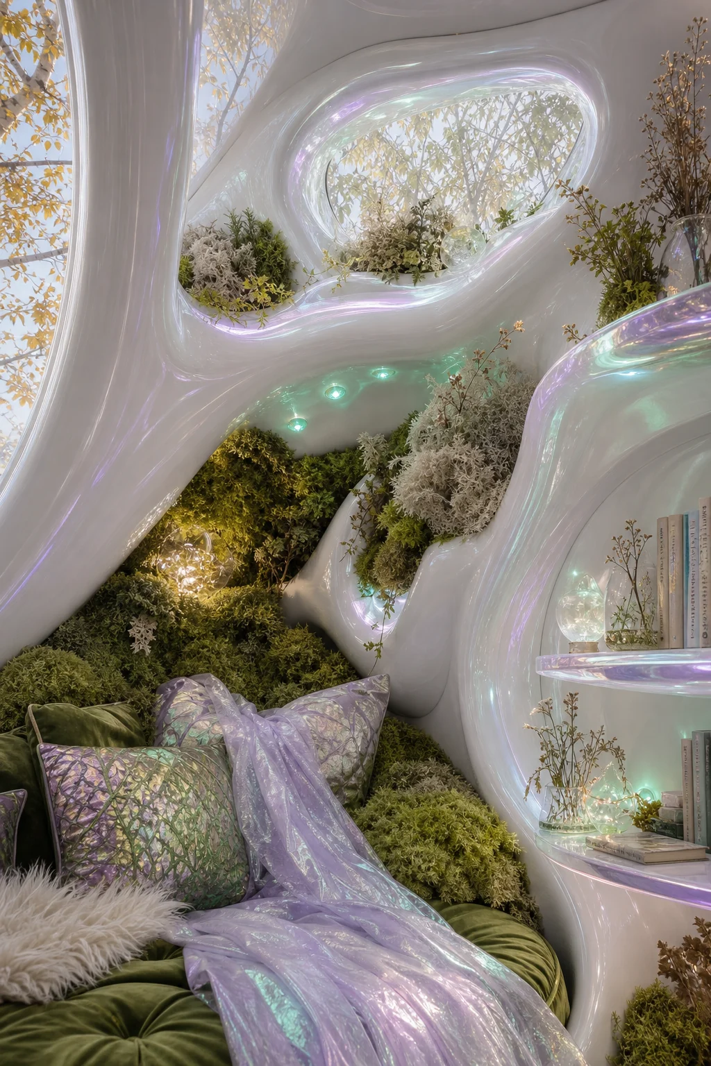 Preserved Icelandic moss spilling out of a sleek, pearlescent molded resin wall crevice.