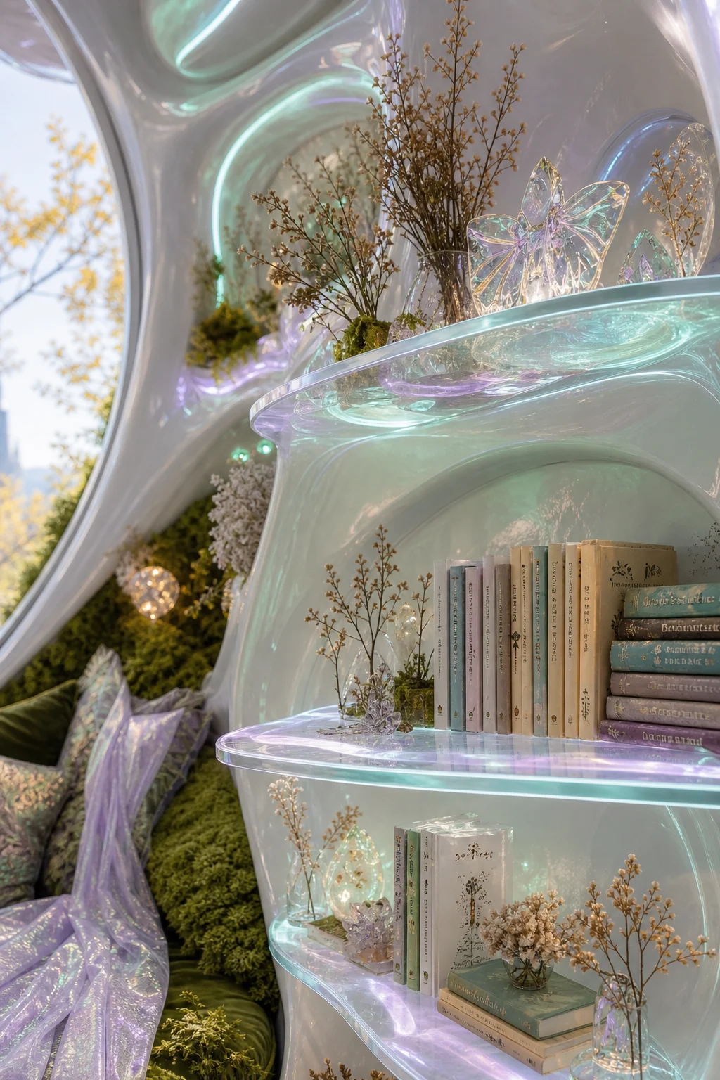 Curved frameless smart-glass and an edge-lit translucent acrylic floating shelf holding delicate dried autumn twigs.