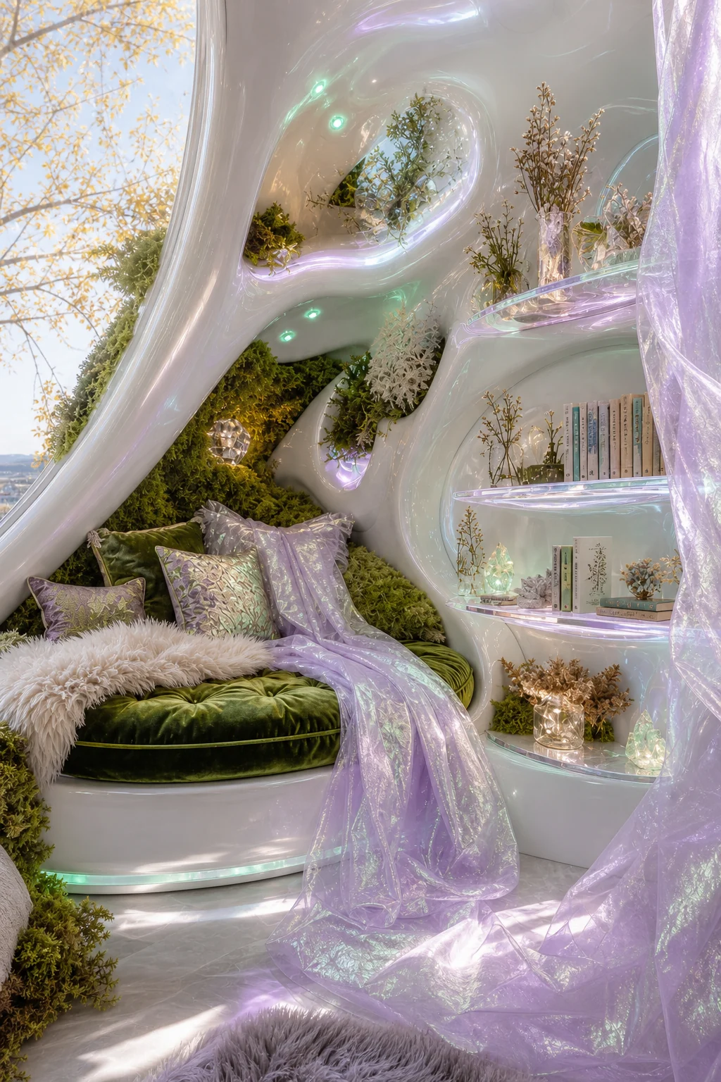 Pearlescent white wall curving organically like a tree root, draped loosely with gossamer, iridescent lilac sheer fabric.