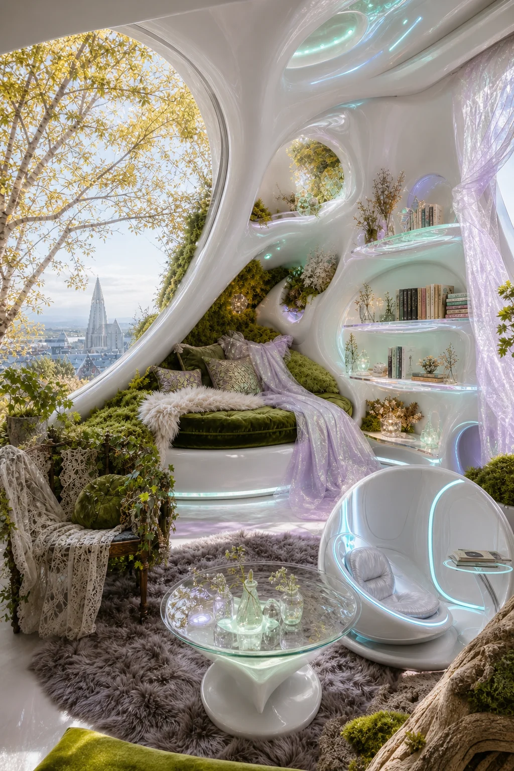Built-in reading pod lined with plush moss-green velvet cushions inside a sweeping white molded resin shell.