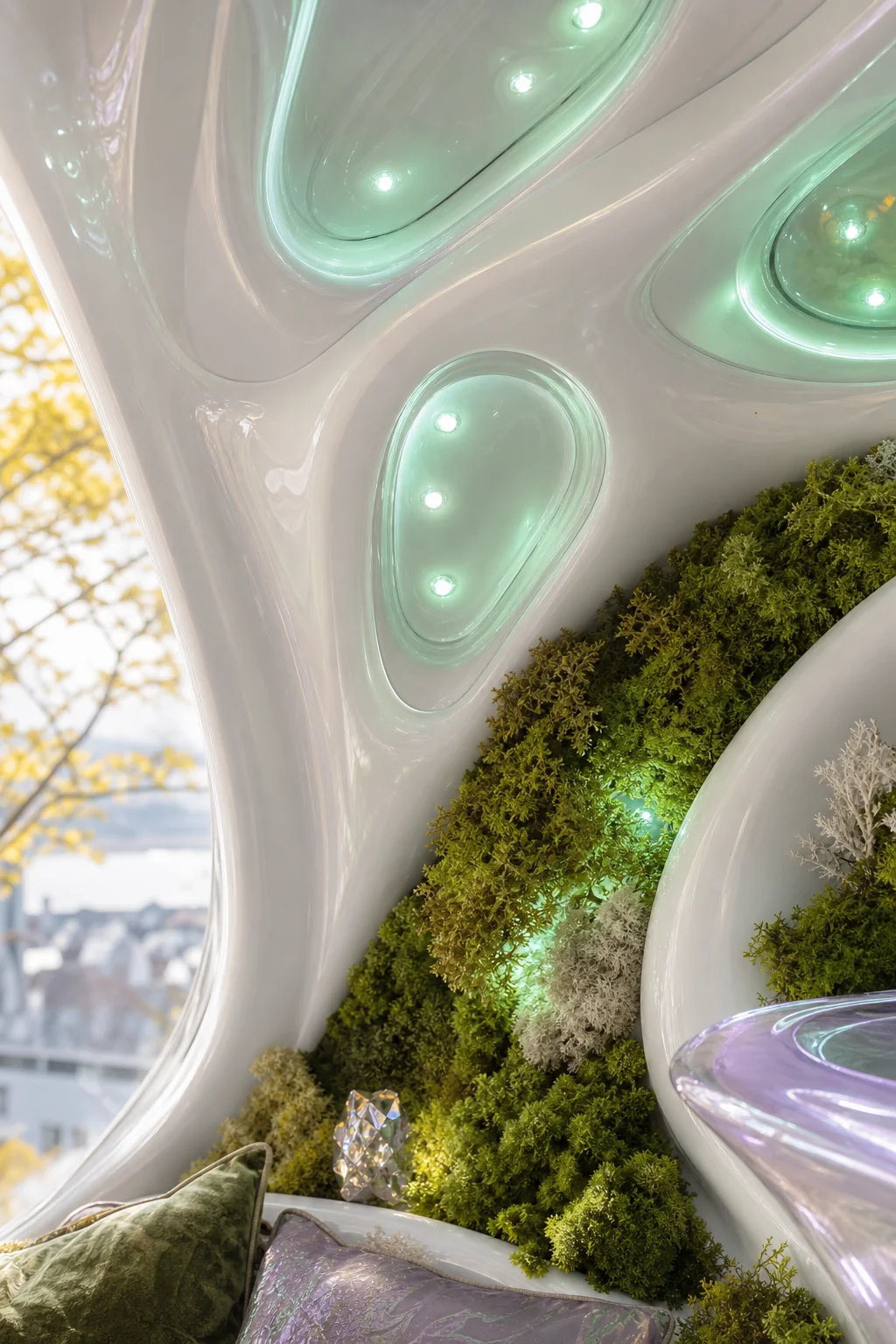 Mint-green LED nodes embedded in a curved white ceiling, softly illuminating patches of preserved moss.