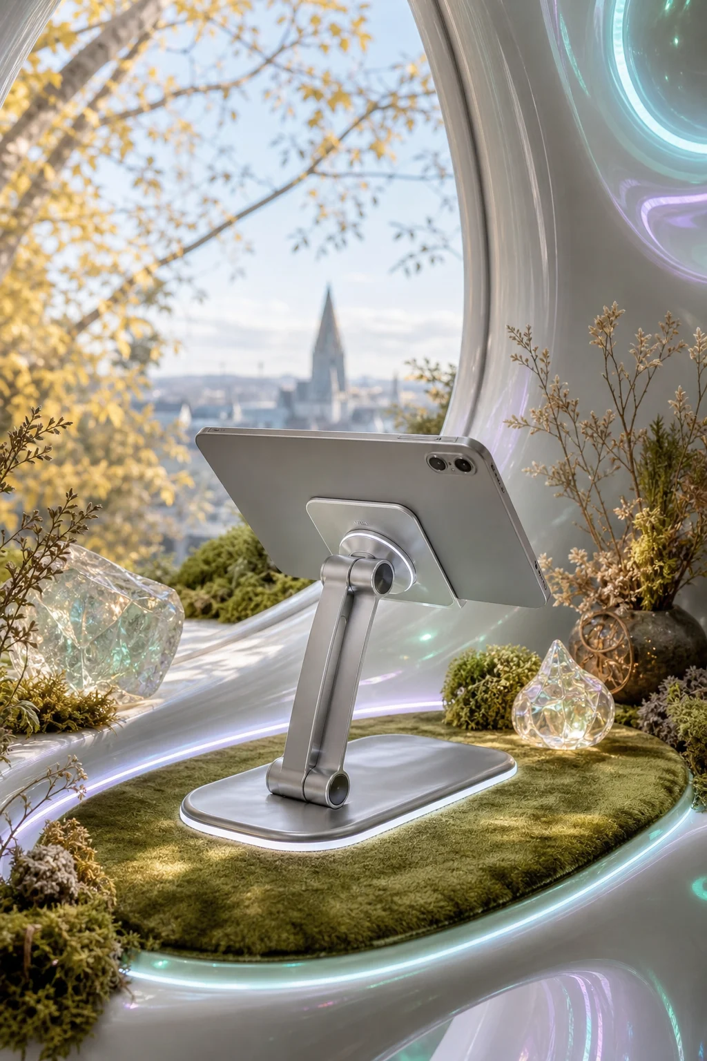 Sleek silver digital tablet stand resting on a moss-green velvet mat with dried botanicals.