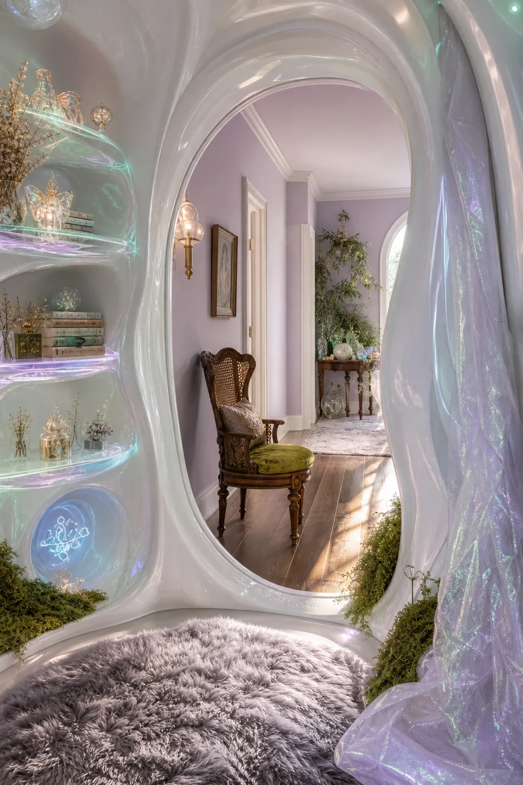 View looking past the curved resin reading nook threshold into a standard hallway with subtle lilac painted walls.