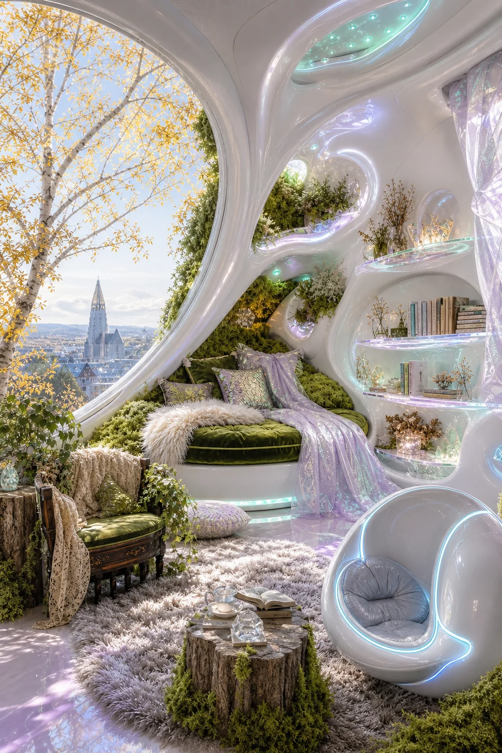 Full-room aspirational view of the reading nook bathed in crisp Nordic autumn sunlight, balancing white resin architecture and overgrown green moss.
