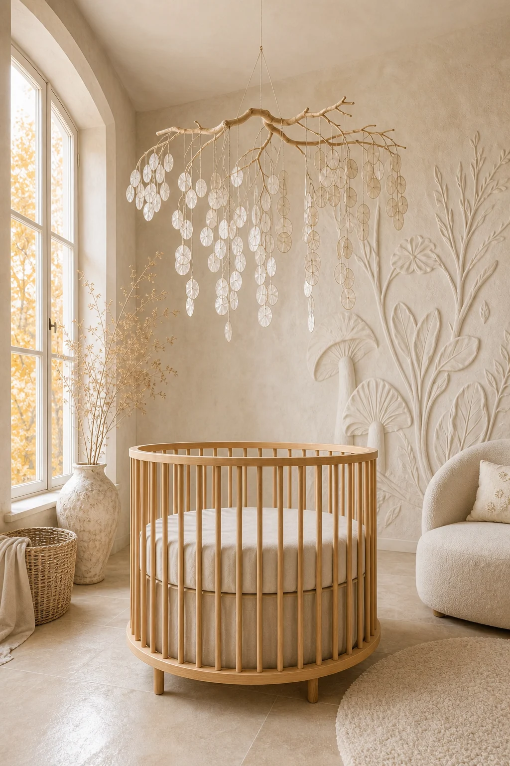 Close-up of a bleached branch and dried lunaria mobile hanging above a sleek light-oak cylinder crib