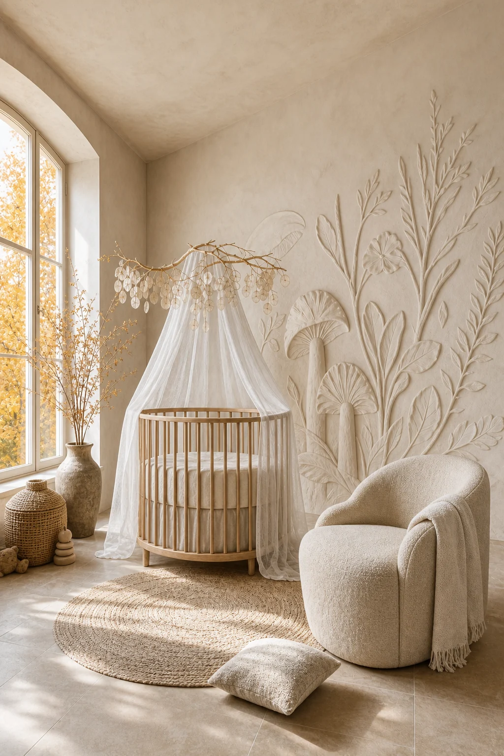 Wide shot of a subtle monochromatic bas-relief plaster mural of oversized botanicals on a smooth wall