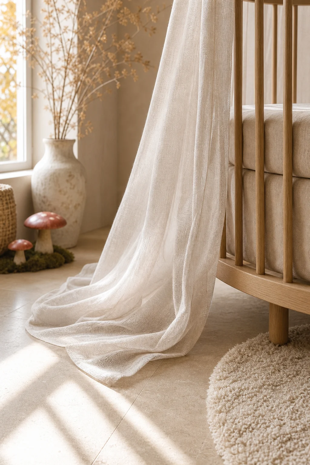 Macro detail of sheer gossamer linen pooling on warm Provencal limestone flooring next to a bleached oak crib base