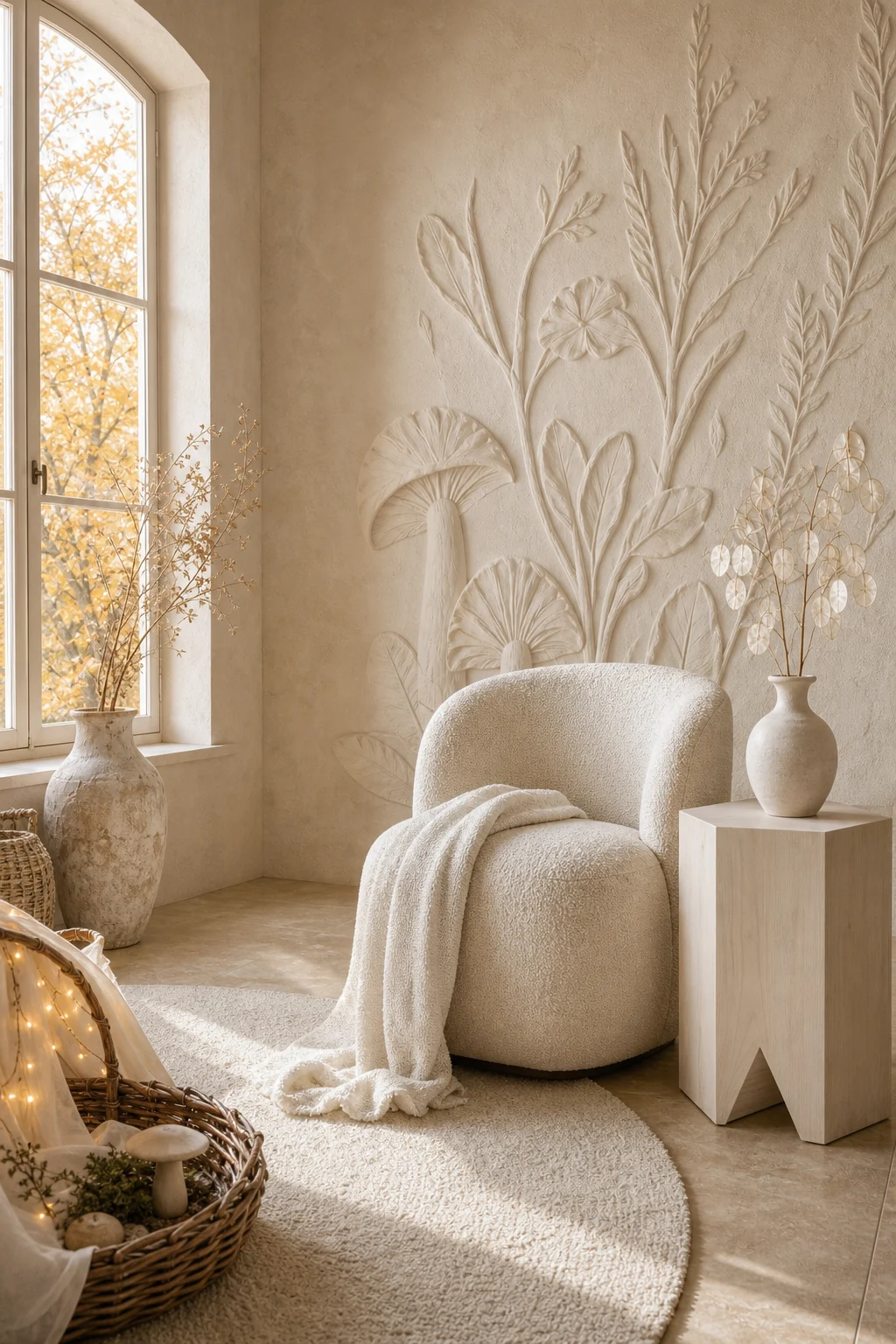 Medium shot of a streamlined bouclé nursing chair beside a minimalist side table with a single dried botanical stem