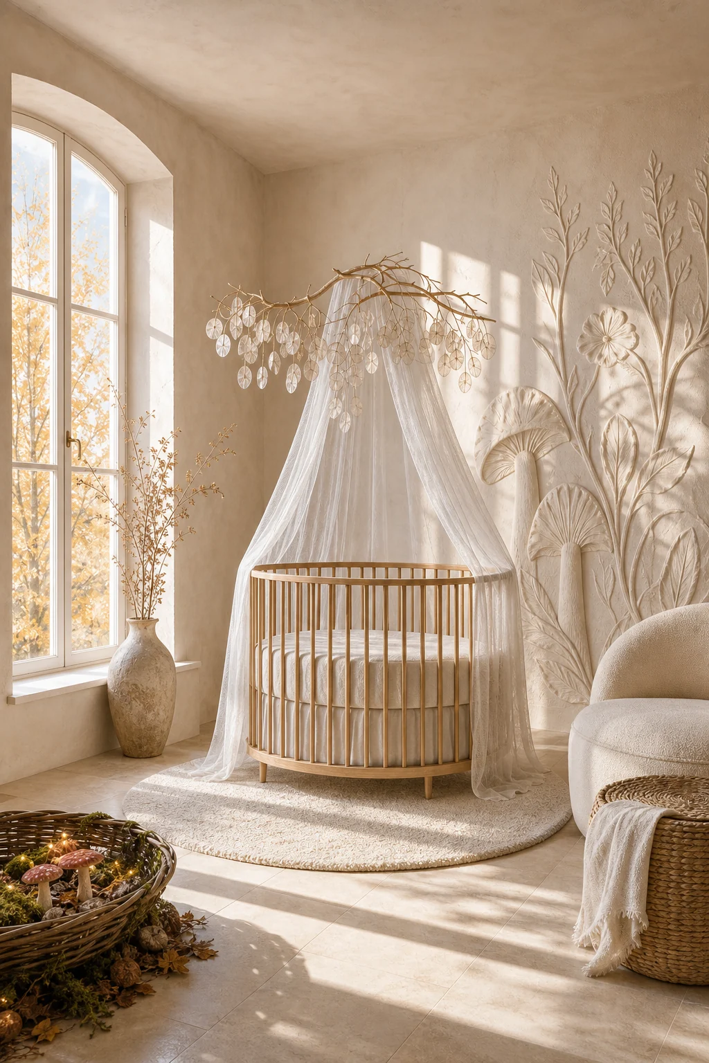Generous golden autumn daylight pouring through an unadorned tall window onto pale limestone floors