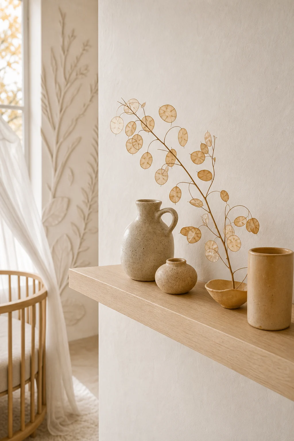 Detail shot of a minimalist floating oak shelf displaying pale ochre ceramics and a small dried botanical arrangement