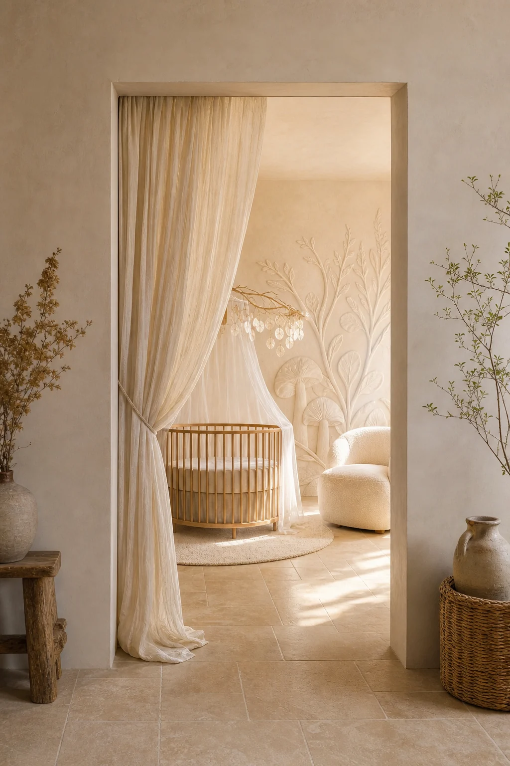 View from a hallway looking into the nursery, showing a sheer linen curtain softening a strict architectural doorway