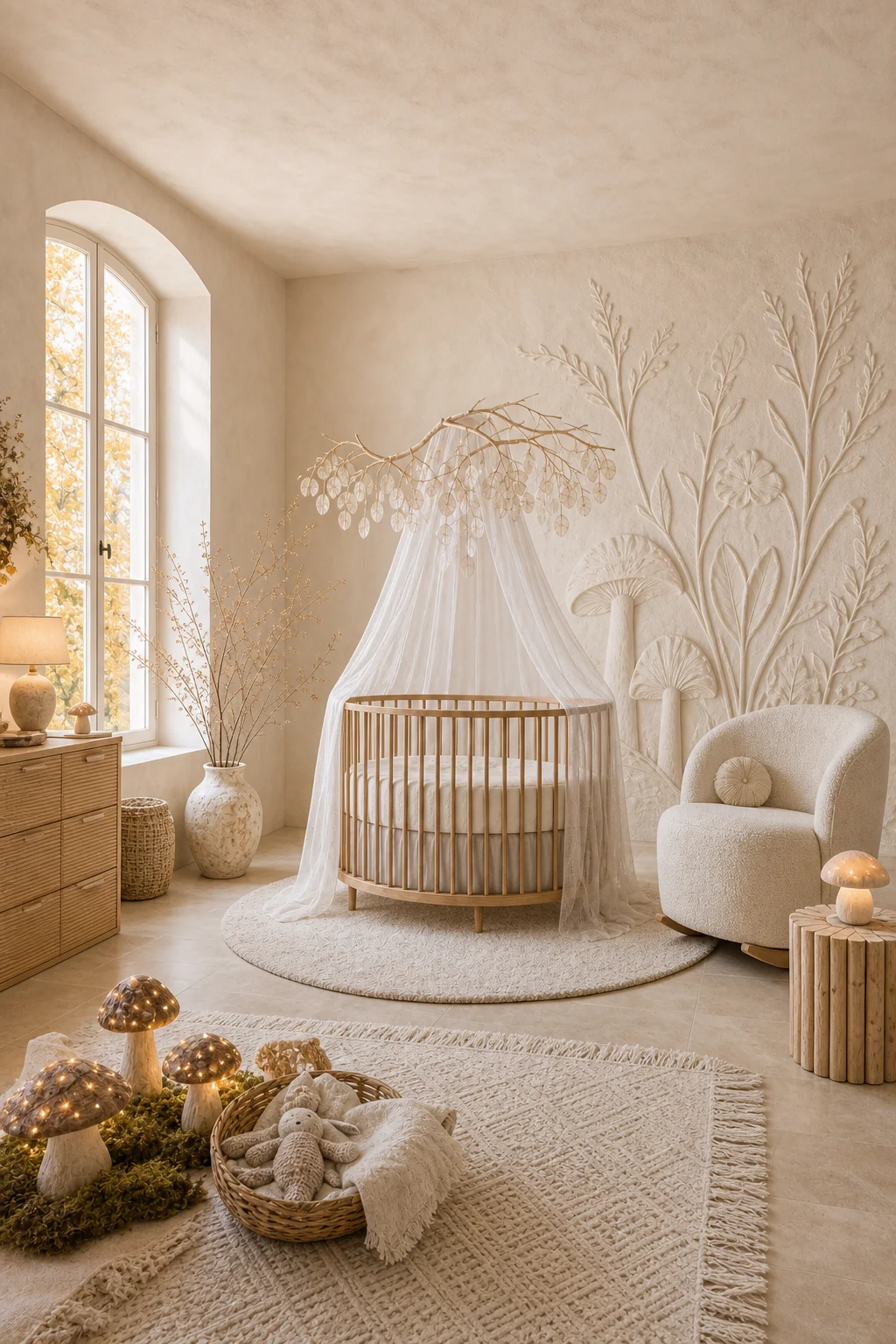 Full room view showing the cylinder crib, plaster mural, and bouclé chair united in a warm autumnal palette