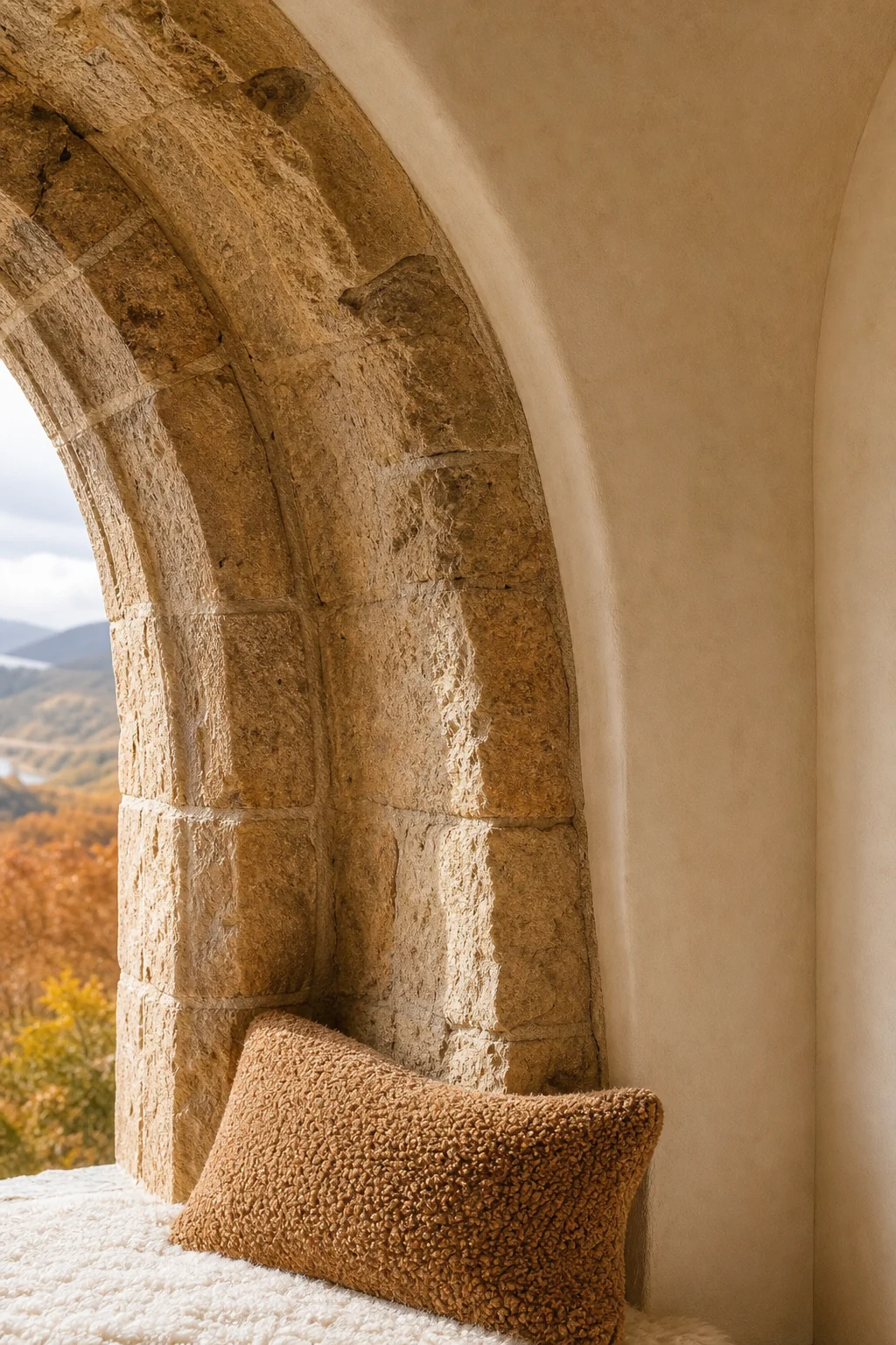 Close-up of rough sandstone arch meeting smooth cream plaster wall