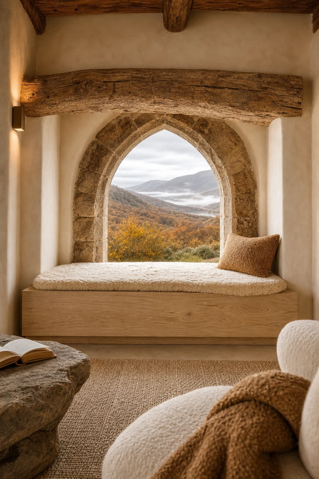 Low angle of a monolithic pale oak bench beneath a heavy timber lintel
