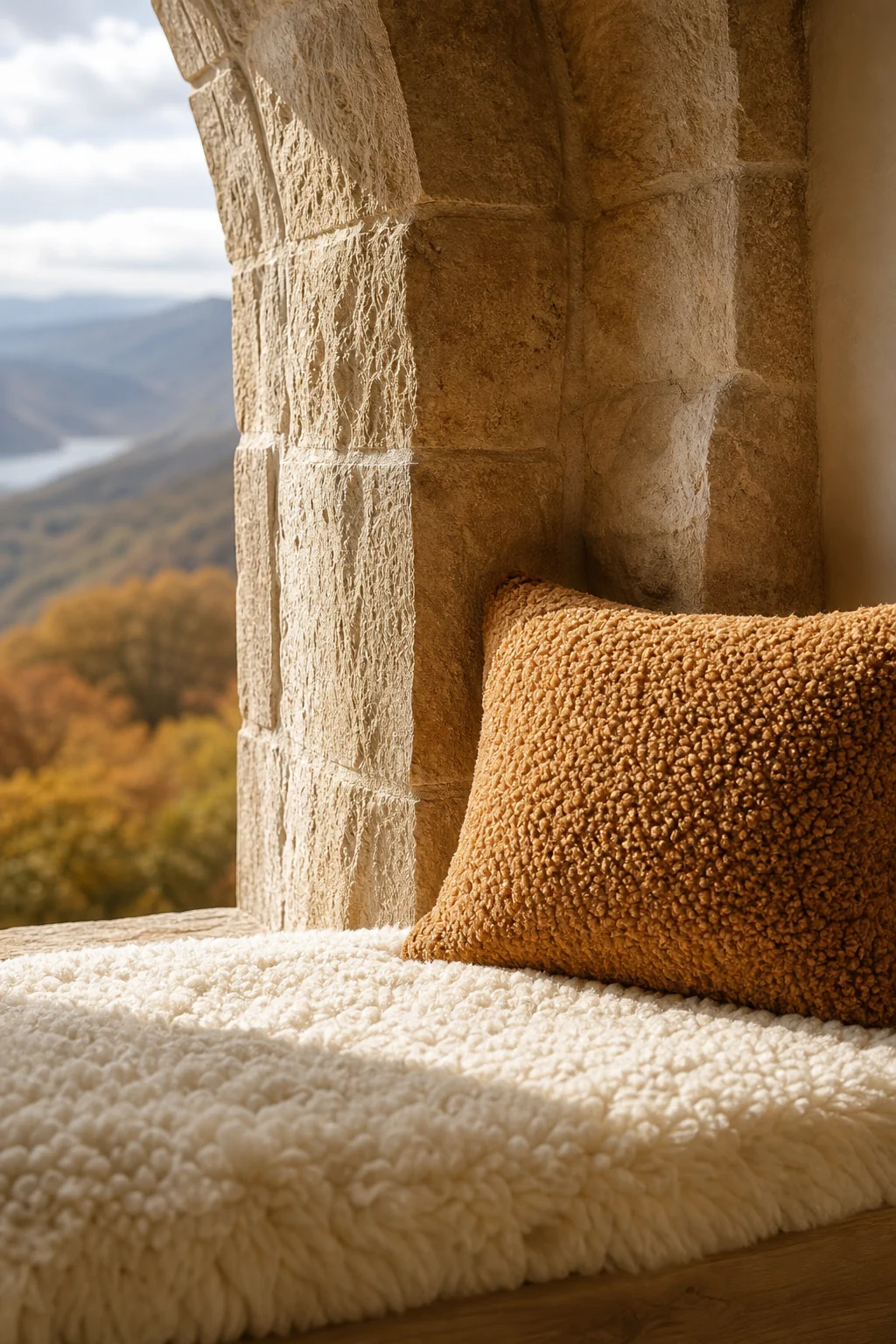 Detail of a pristine shearling cushion resting against rough stone
