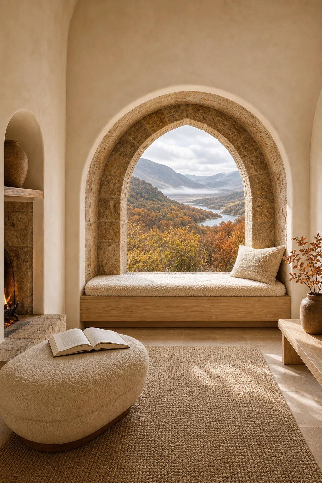 Medium shot of the complete reading nook with stone arch and oak bench