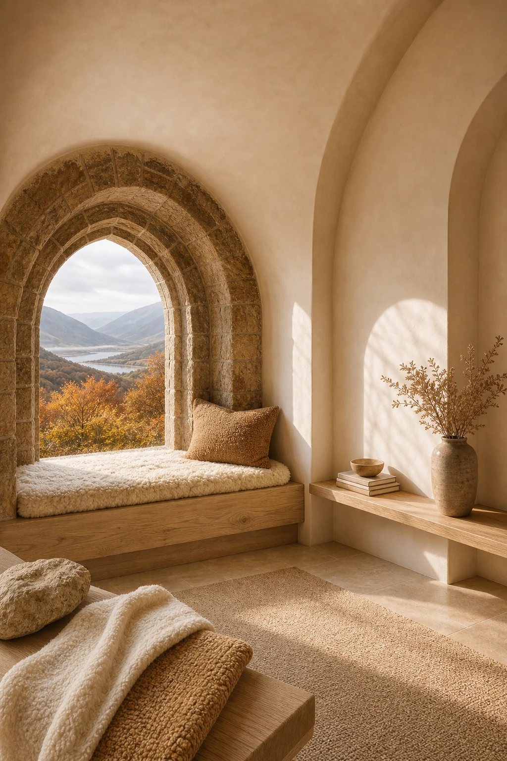 Wide architectural shot showing light hitting curved plaster and stone