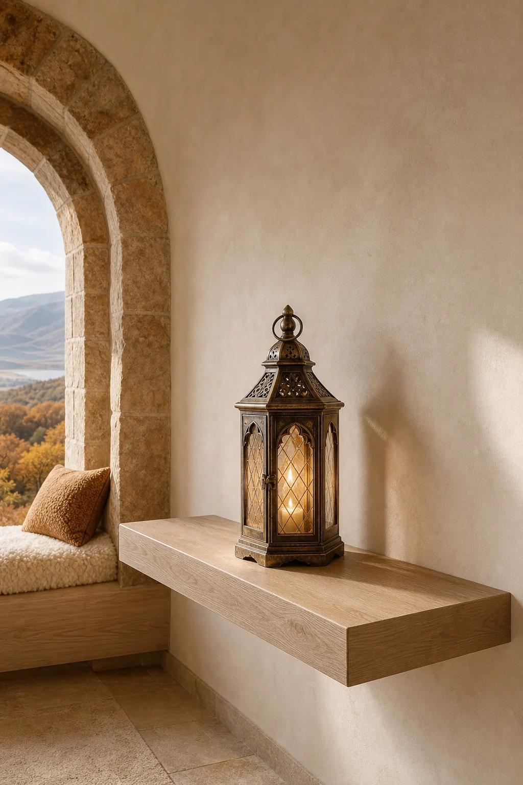A floating ash wood shelf holding a single antique brass lantern