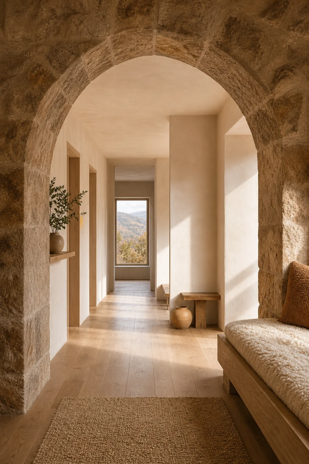 Transition from the stone reading nook into a smooth plaster hallway