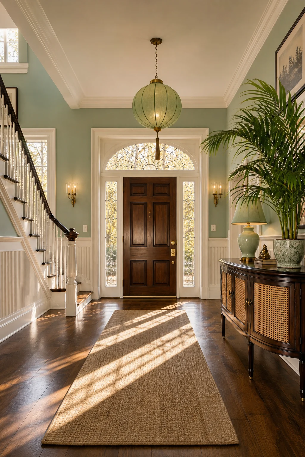 Wide architectural view of a symmetrical Federal front door with leaded glass fanlight and ivory wainscoting, featuring a glimpse of an Indochine teak console.