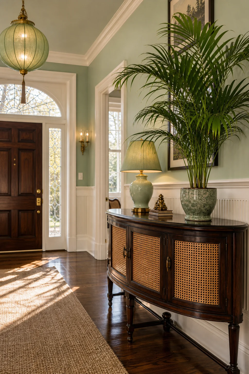 Medium shot of a dark teak Indochine console table with woven rattan cane panels and a potted Kentia palm against crisp Federal wainscoting.