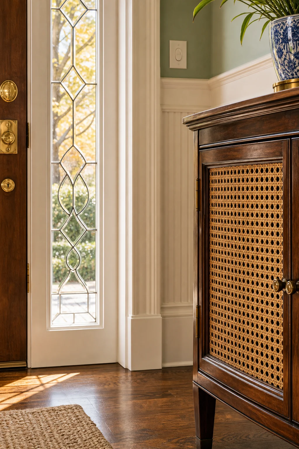 Close-up detail showing the geometric woven rattan cane webbing of an Indochine cabinet next to a Federal leaded glass sidelight window.
